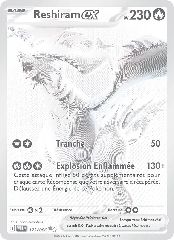 Carte Pokémon Reshiram-ex 173/86 de l'extension Flamme Blanche
