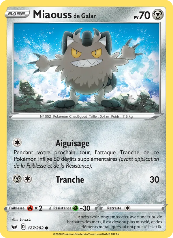 Carte Pokémon Miaouss de Galar 127/202 de l'extension Épée et Bouclier