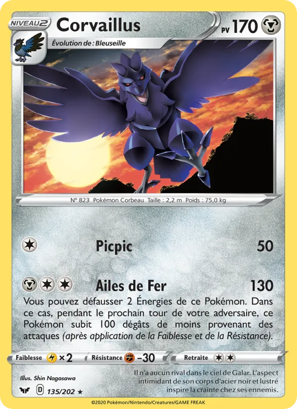 Carte Pokémon Corvaillus 135/202 de l'extension Épée et Bouclier
