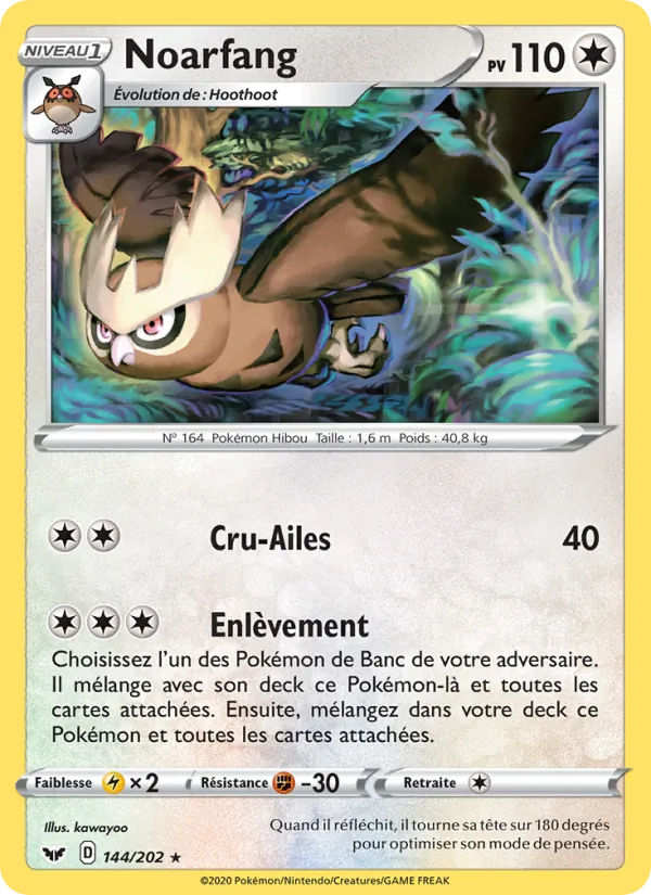 Carte Pokémon Noarfang 144/202 de l'extension Épée et Bouclier