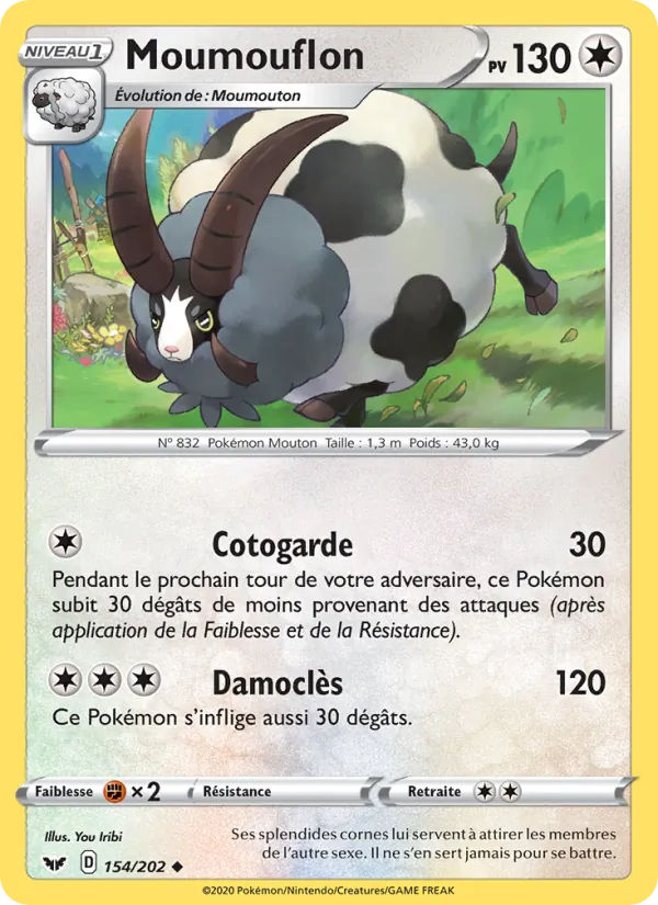 Carte Pokémon Moumouflon 154/202 de l'extension Épée et Bouclier