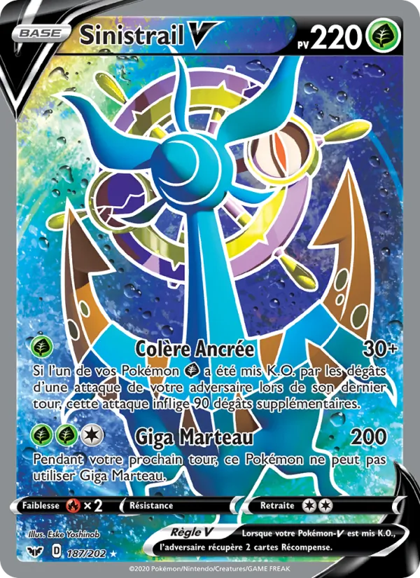 Carte Pokémon Sinistrail V 187/202 de l'extension Épée et Bouclier