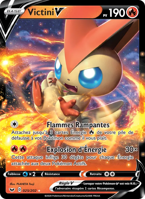 Carte Pokémon Victini V 25/202 de l'extension Épée et Bouclier