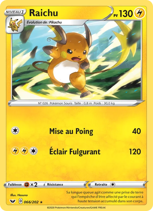 Carte Pokémon Raichu 66/202 de l'extension Épée et Bouclier