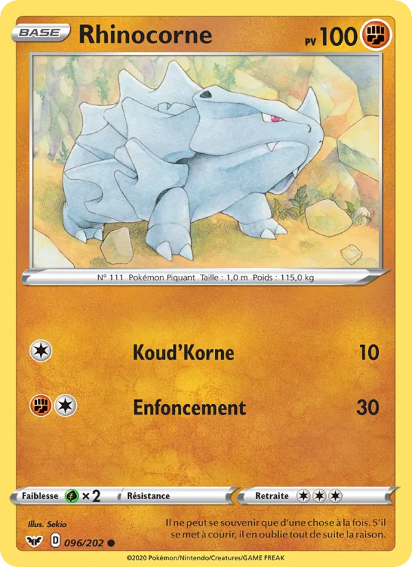 Carte Pokémon Rhinocorne 96/202 de l'extension Épée et Bouclier
