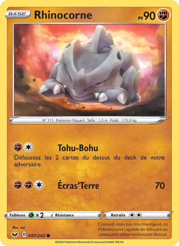 Carte Pokémon Rhinocorne 97/202 de l'extension Épée et Bouclier