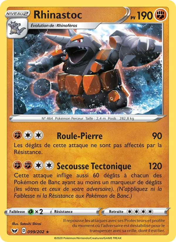 Carte Pokémon Rhinastoc 99/202 de l'extension Épée et Bouclier