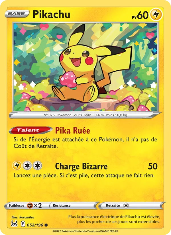 Carte Pokémon Pikachu 052/196 de l'extension Origine Perdue