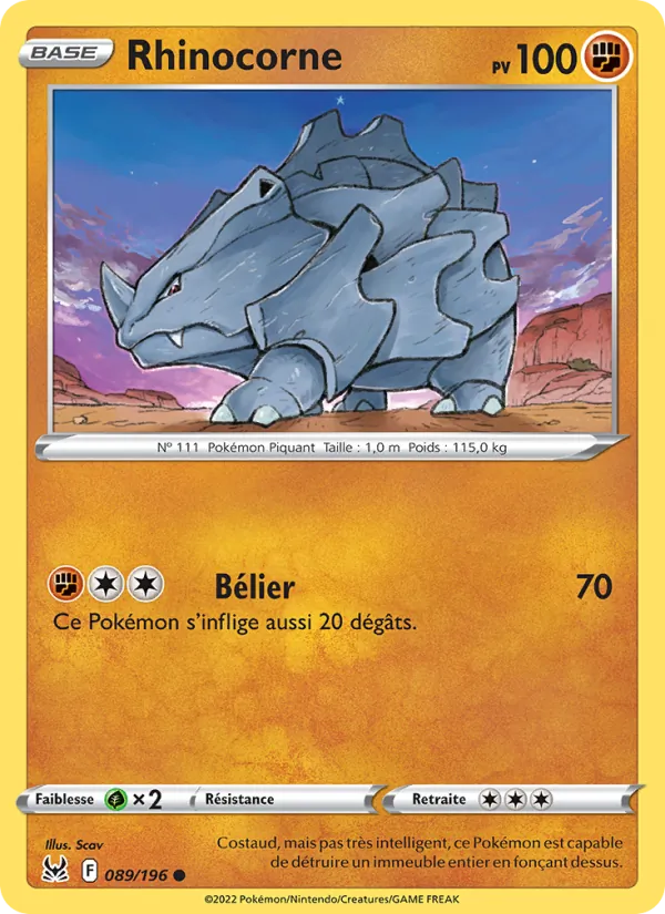 Carte Pokémon Rhinocorne 089/196 de l'extension Origine Perdue