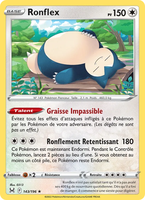 Carte Pokémon Ronflex 143/196 de l'extension Origine Perdue