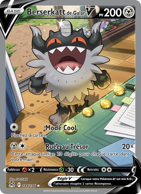 Carte Pokémon Berserkatt de Galar V 184/196 de l'extension Origine Perdue