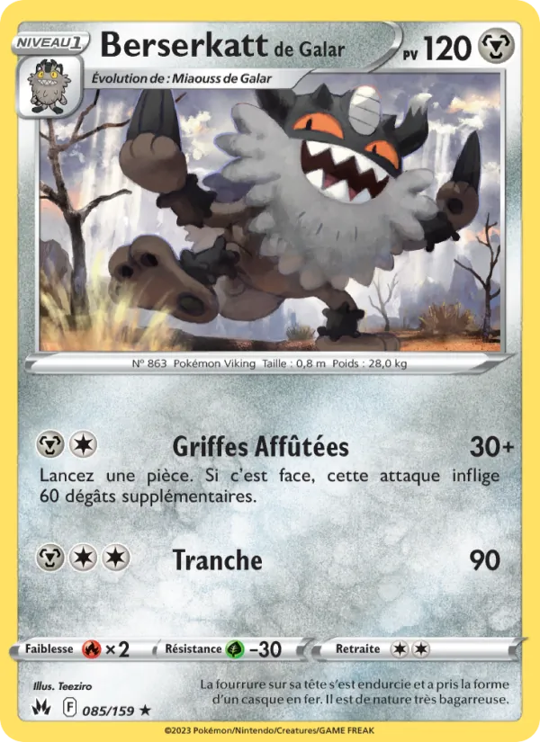 Carte Pokémon Berserkatt de Galar 085/159 de l'extension Zénith Suprême