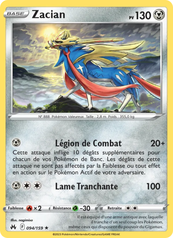 Carte Pokémon Zacian 094/159 de l'extension Zénith Suprême
