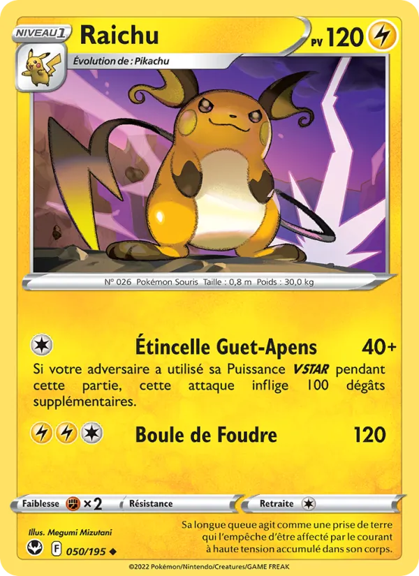 Carte Pokémon Raichu 050/195 de l'extension Tempête Argentée