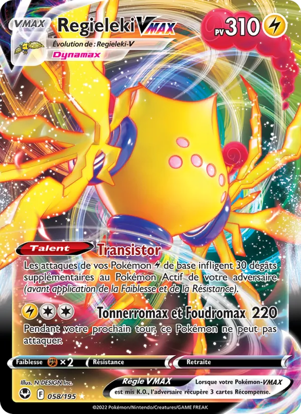 Carte Pokémon Regieleki VMAX 058/195 de l'extension Tempête Argentée