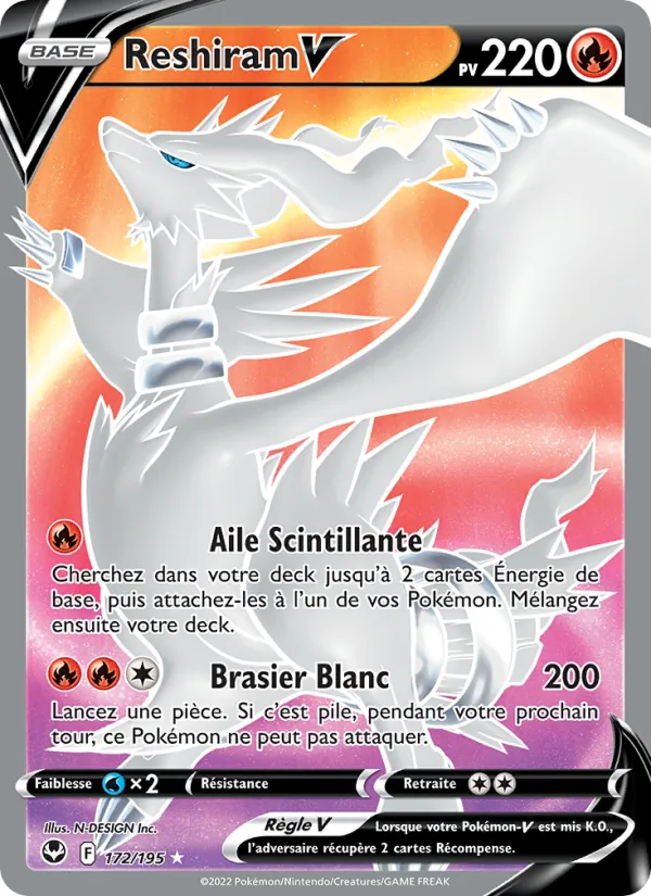 Carte Pokémon Reshiram V 172/195 de l'extension Tempête Argentée