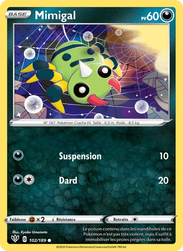 Carte Pokémon Mimigal 102/189 de l'extension Ténèbres Embrasées