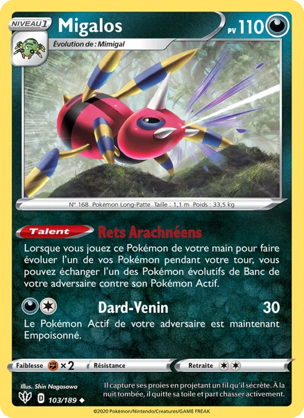 Carte Pokémon Migalos 103/189 de l'extension Ténèbres Embrasées