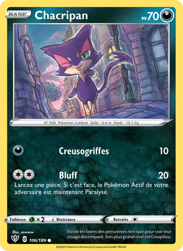 Carte Pokémon Chacripan 106/189 de l'extension Ténèbres Embrasées