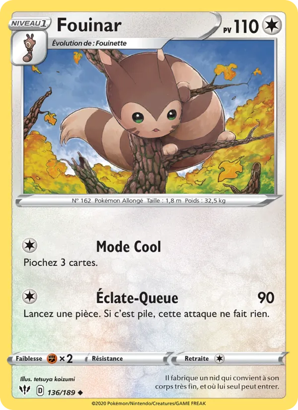 Carte Pokémon Fouinar 136/189 de l'extension Ténèbres Embrasées