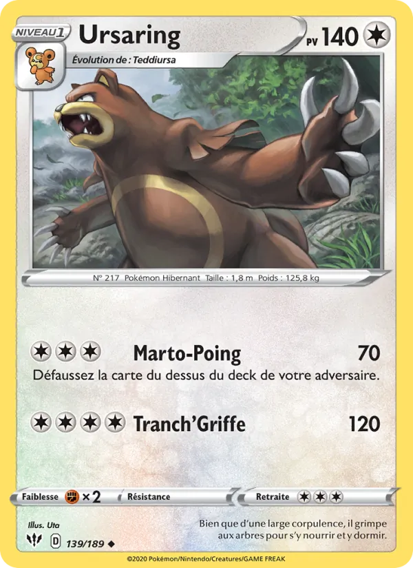 Carte Pokémon Ursaring 139/189 de l'extension Ténèbres Embrasées