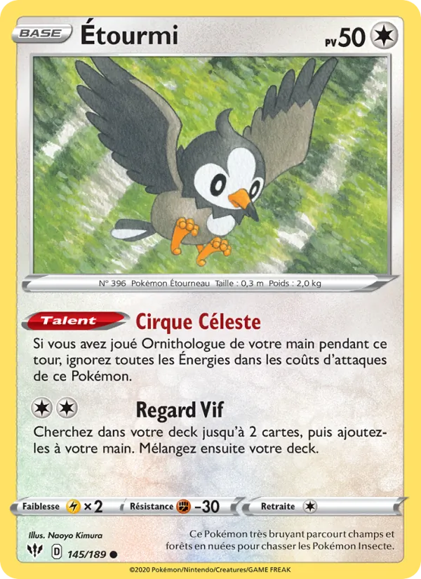 Carte Pokémon Étourmi 145/189 de l'extension Ténèbres Embrasées