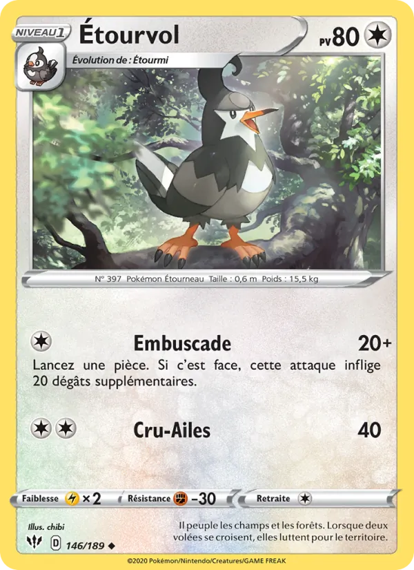 Carte Pokémon Étourvol 146/189 de l'extension Ténèbres Embrasées