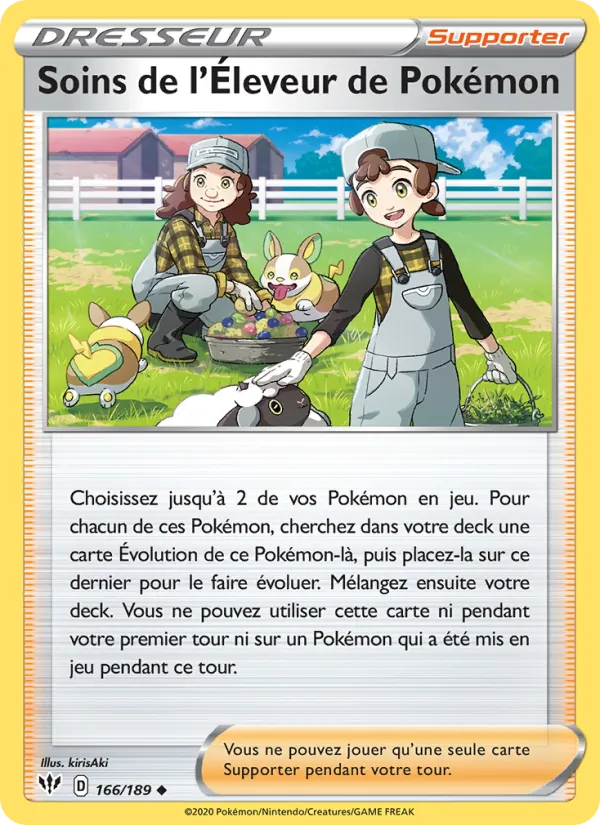 Carte Pokémon Soins de l'Éleveur de Pokémon 166/189 de l'extension Ténèbres Embrasées
