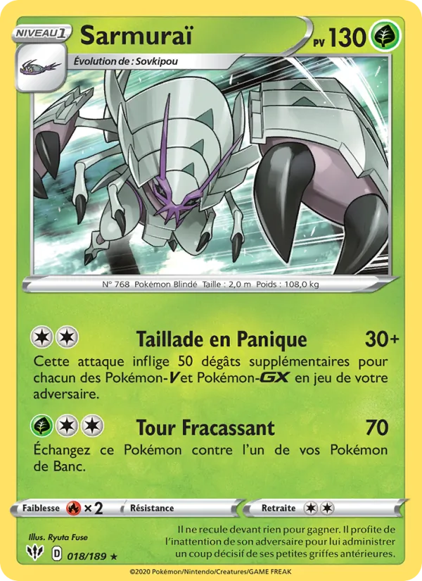 Carte Pokémon Sarmuraï 18/189 de l'extension Ténèbres Embrasées