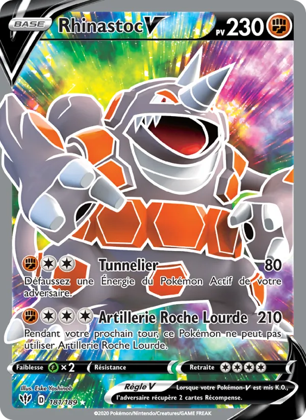 Carte Pokémon Rhinastoc V 181/189 de l'extension Ténèbres Embrasées