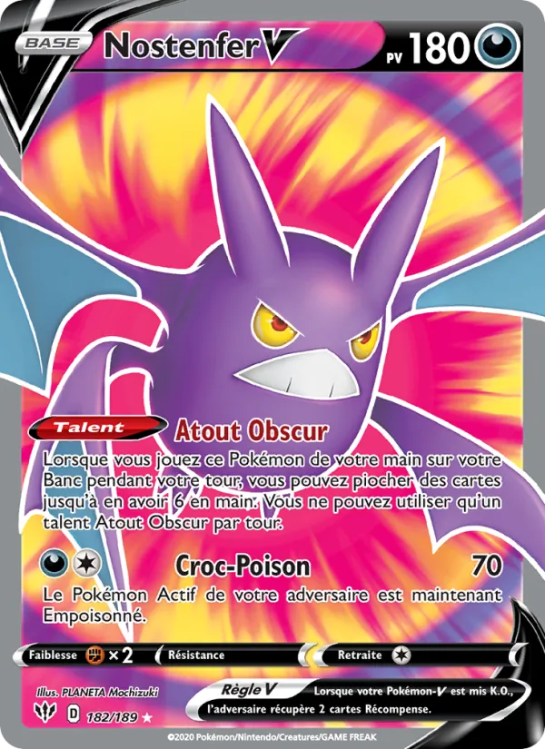 Carte Pokémon Nostenfer V 182/189 de l'extension Ténèbres Embrasées