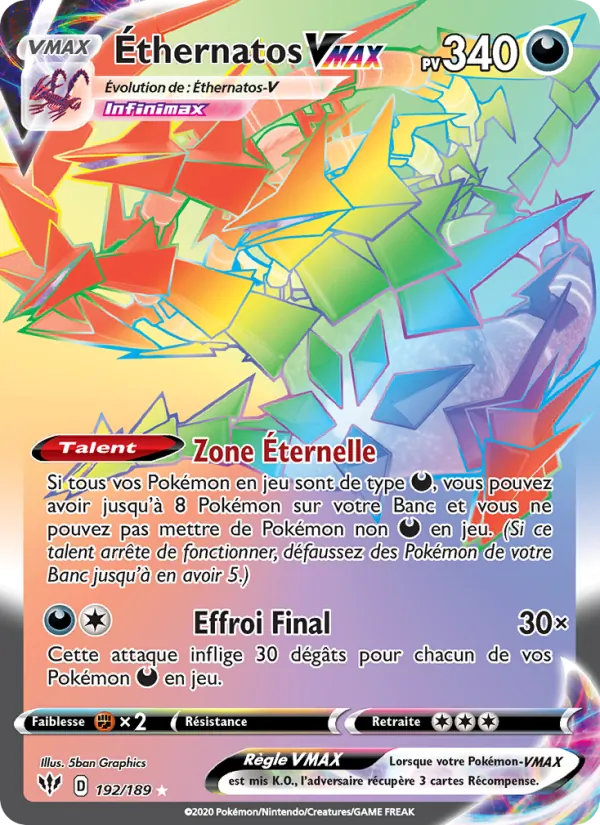 Carte Pokémon Éthernatos VMAX 192/189 de l'extension Ténèbres Embrasées