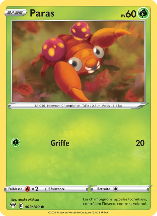 Carte Pokémon Paras 3/189 de l'extension Ténèbres Embrasées