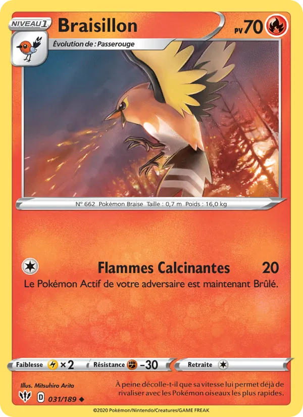 Carte Pokémon Braisillon 31/189 de l'extension Ténèbres Embrasées