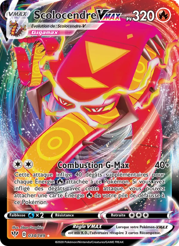 Carte Pokémon Scolocendre VMAX 34/189 de l'extension Ténèbres Embrasées