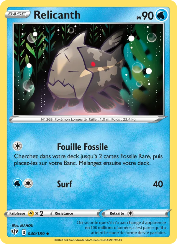 Carte Pokémon Relicanth 40/189 de l'extension Ténèbres Embrasées