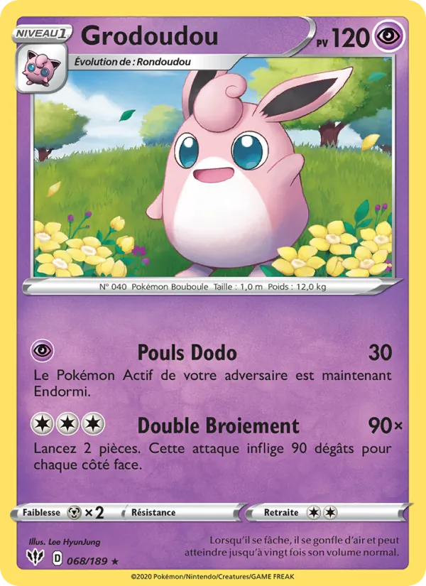 Carte Pokémon Grodoudou 68/189 de l'extension Ténèbres Embrasées