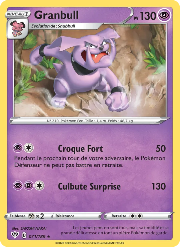 Carte Pokémon Granbull 71/189 de l'extension Ténèbres Embrasées