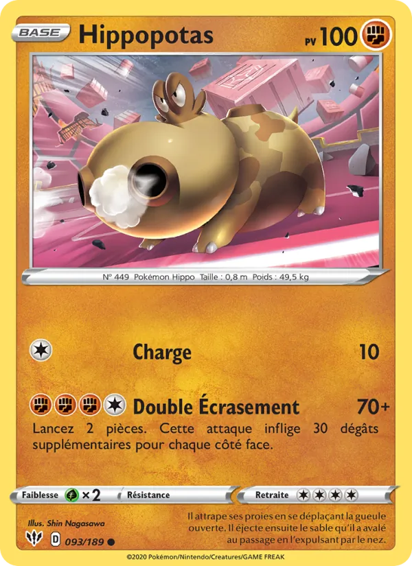 Carte Pokémon Hippopotas 93/189 de l'extension Ténèbres Embrasées