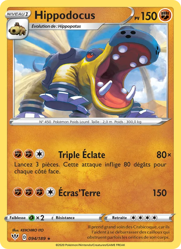 Carte Pokémon Hippodocus 94/189 de l'extension Ténèbres Embrasées