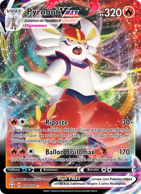 Carte Pokémon Pyrobut VMAX 19/72 de l'extension Destinées Radieuses