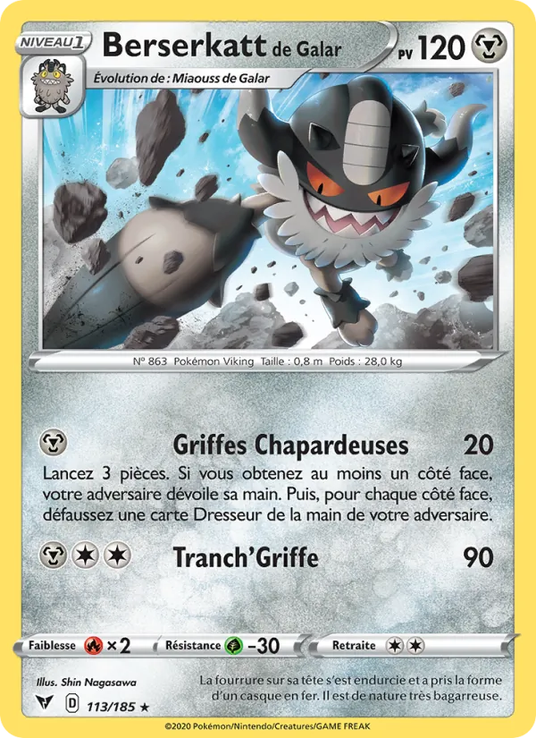 Carte Pokémon Berserkatt de Galar 113/185 de l'extension Voltage Éclatant