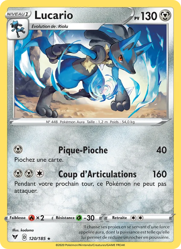 Carte Pokémon Lucario 120/185 de l'extension Voltage Éclatant