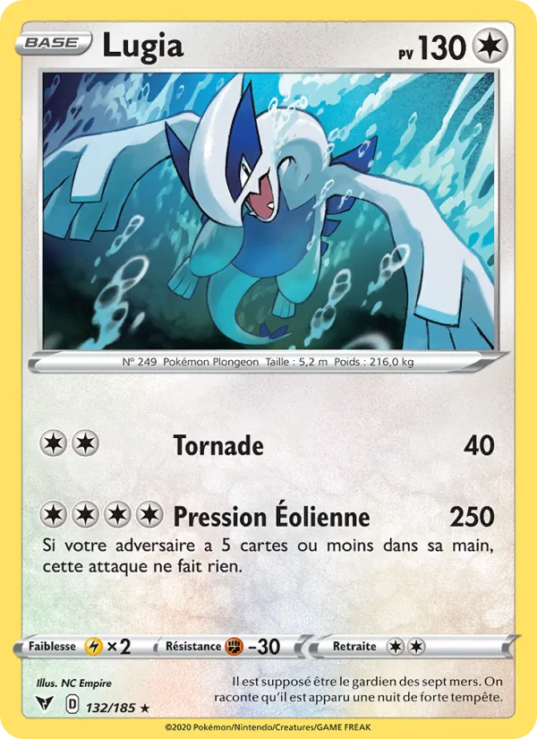 Carte Pokémon Lugia 132/185 de l'extension Voltage Éclatant