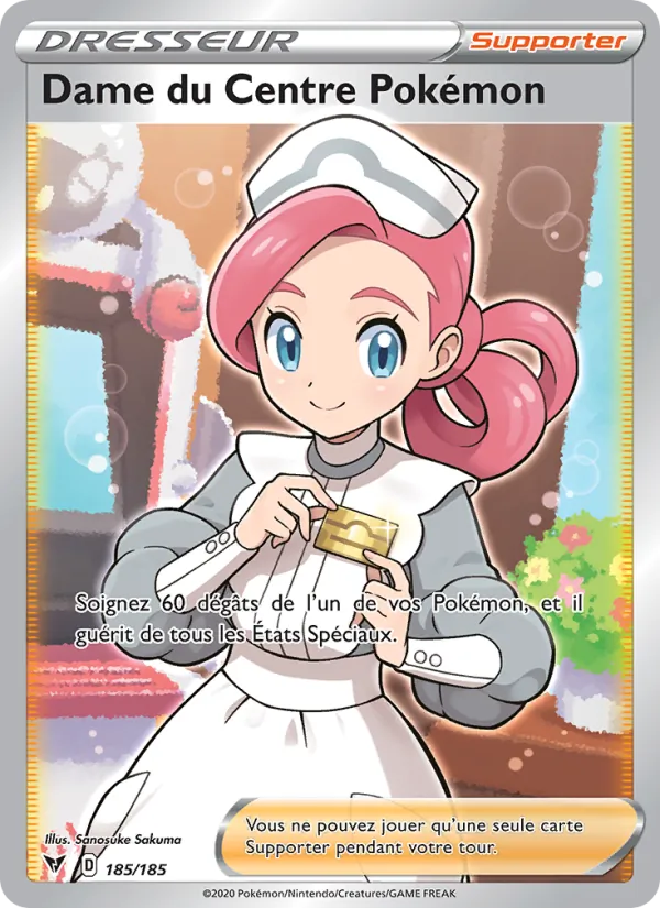 Carte Pokémon Dame du Centre Pokémon 185/185 de l'extension Voltage Éclatant
