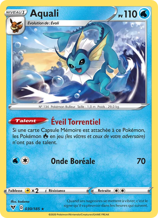 Carte Pokémon Aquali 30/185 de l'extension Voltage Éclatant