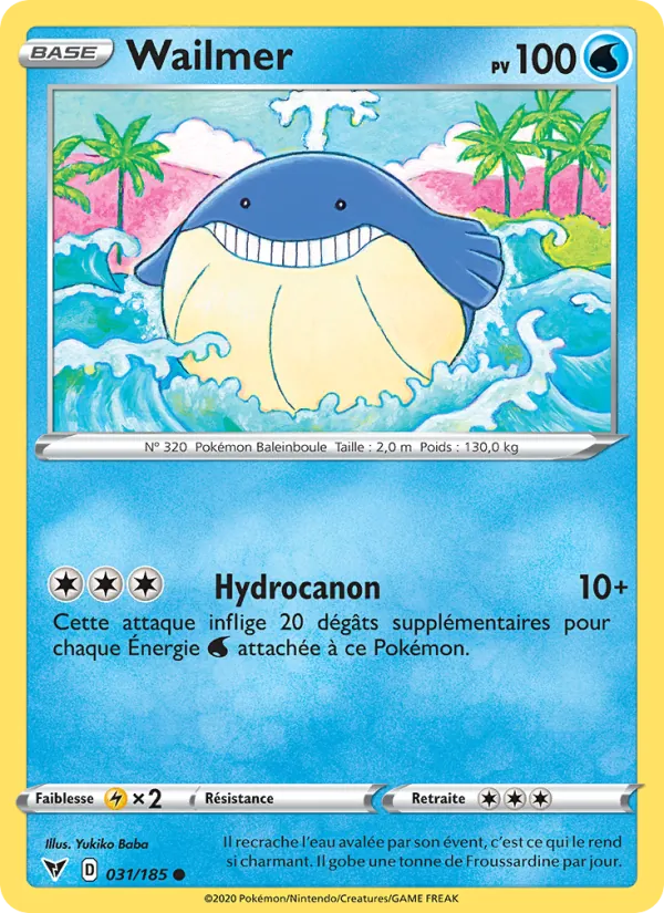 Carte Pokémon Wailmer 31/185 de l'extension Voltage Éclatant