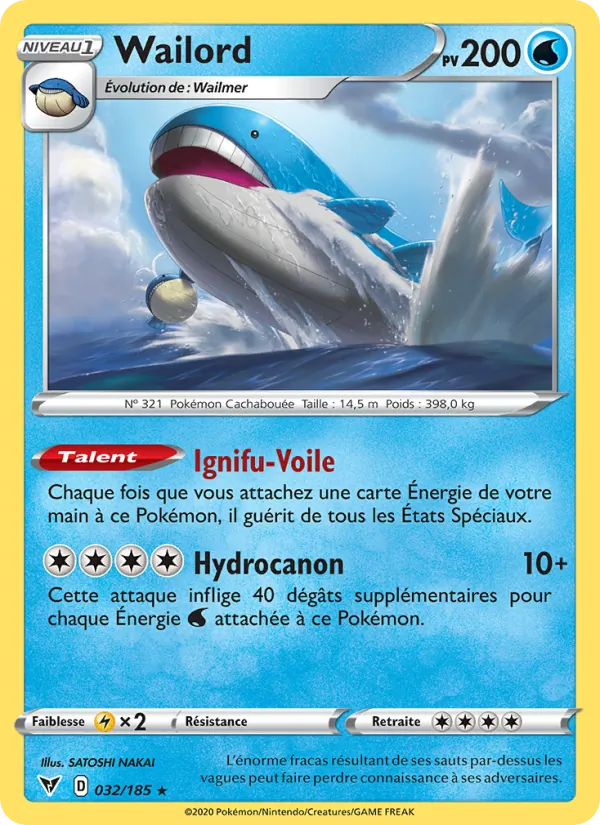 Carte Pokémon Wailord 32/185 de l'extension Voltage Éclatant