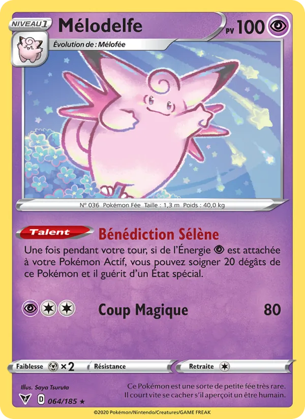 Carte Pokémon Mélodelfe 64/185 de l'extension Voltage Éclatant
