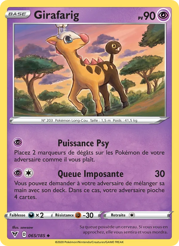 Carte Pokémon Girafarig 65/185 de l'extension Voltage Éclatant